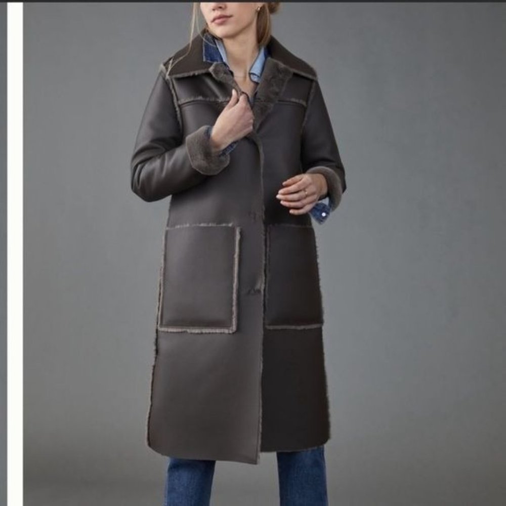Anthropologie Maeve Brown Reversible Kerry Shearling Lined Snap Front Coat XS